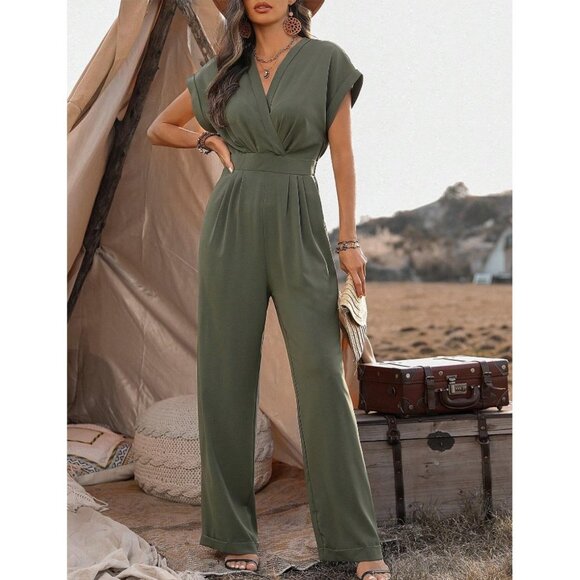 WILA Pants - boho short sleeve rolled v neck jumpsuit olive green